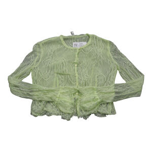 Mur Mur Shirt Womens L Green Sheer Round Neck Button Up Long Bell Sleeve Top